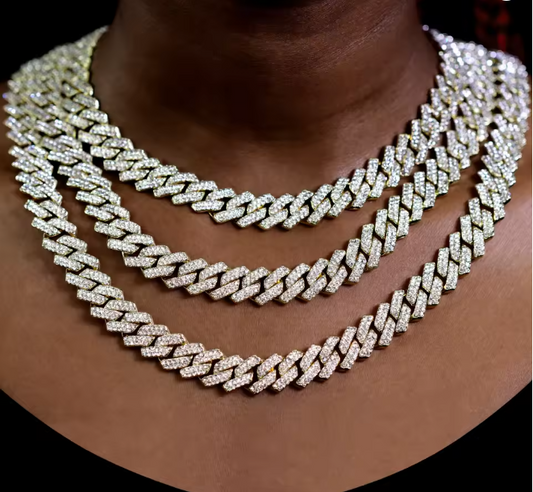 24inch Silver Color Cuban Link Chain Men 2 Row Rhinestone Rhombus Prong Cuban Necklaces