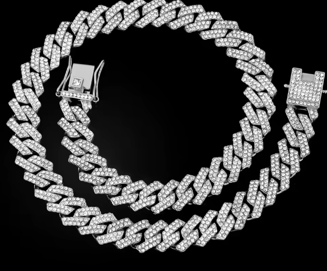 24inch Silver Color Cuban Link Chain Men 2 Row Rhinestone Rhombus Prong Cuban Necklaces