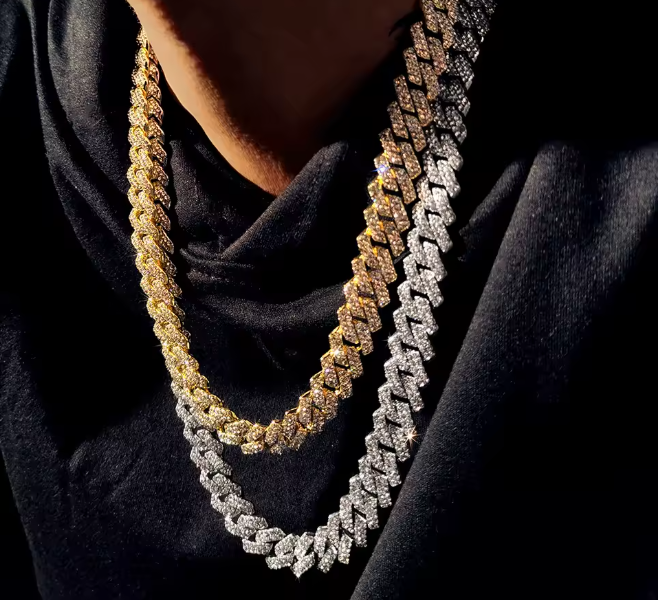 24inch Silver Color Cuban Link Chain Men 2 Row Rhinestone Rhombus Prong Cuban Necklaces